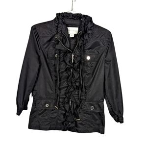White House Black Market Jacket 2 Womens Solid Black Full Zip Ruffle Trim